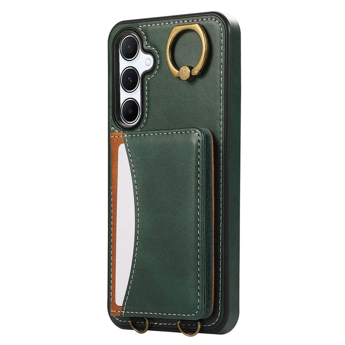 For Samsung Galaxy A34 5G PU Leather Back Case Card Holder Kickstand Phone Cover with Wrist Strap - Green - 7