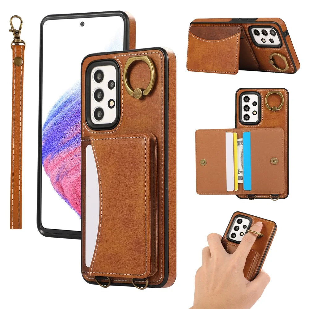 For Samsung Galaxy A53 5G PU Leather Back Case Card Holder Kickstand Phone Cover with Wrist Strap  - Brown - 1