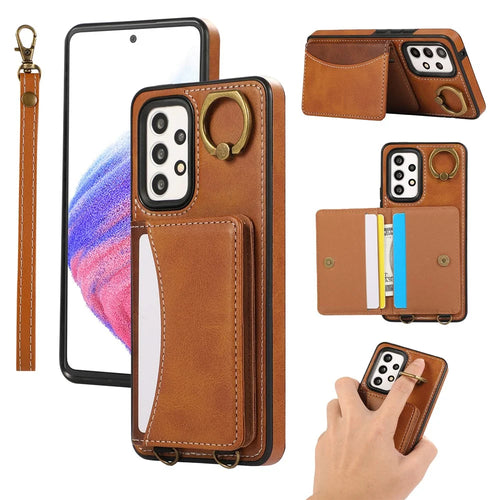 For Samsung Galaxy A53 5G PU Leather Back Case Card Holder Kickstand Phone Cover with Wrist Strap  - Brown - 1