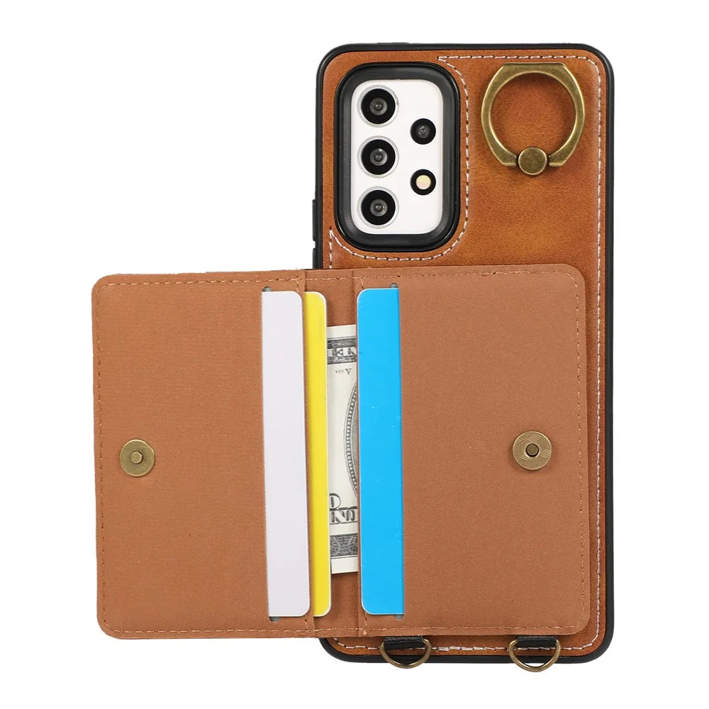 For Samsung Galaxy A53 5G PU Leather Back Case Card Holder Kickstand Phone Cover with Wrist Strap  - Brown - 2