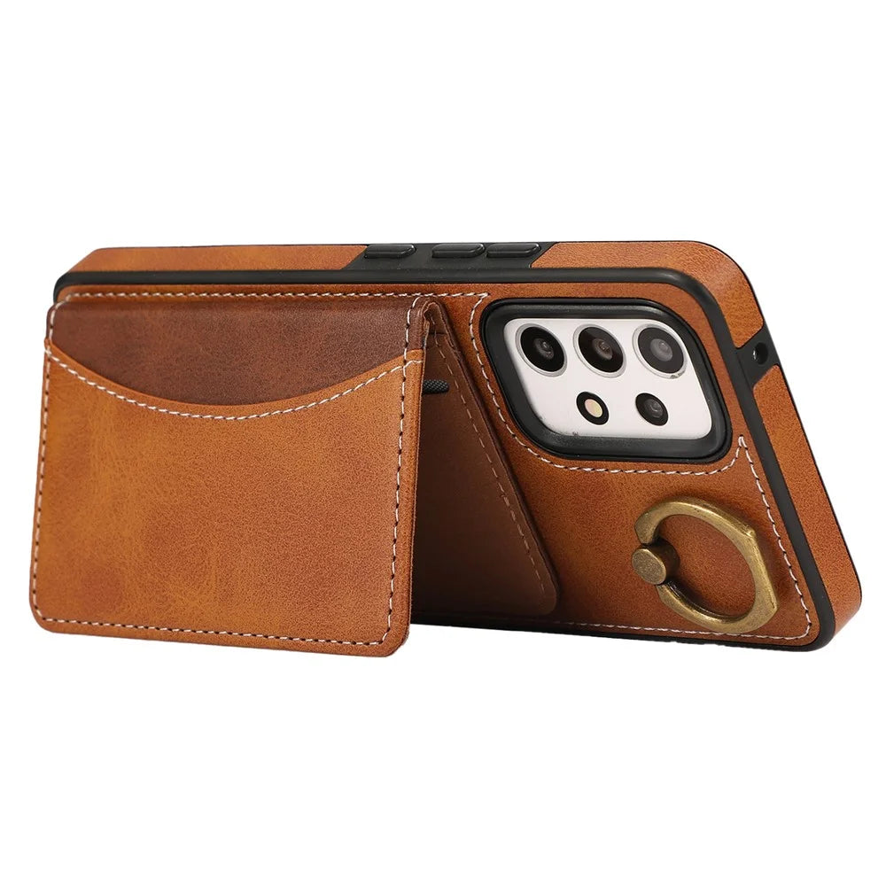 For Samsung Galaxy A53 5G PU Leather Back Case Card Holder Kickstand Phone Cover with Wrist Strap  - Brown - 3
