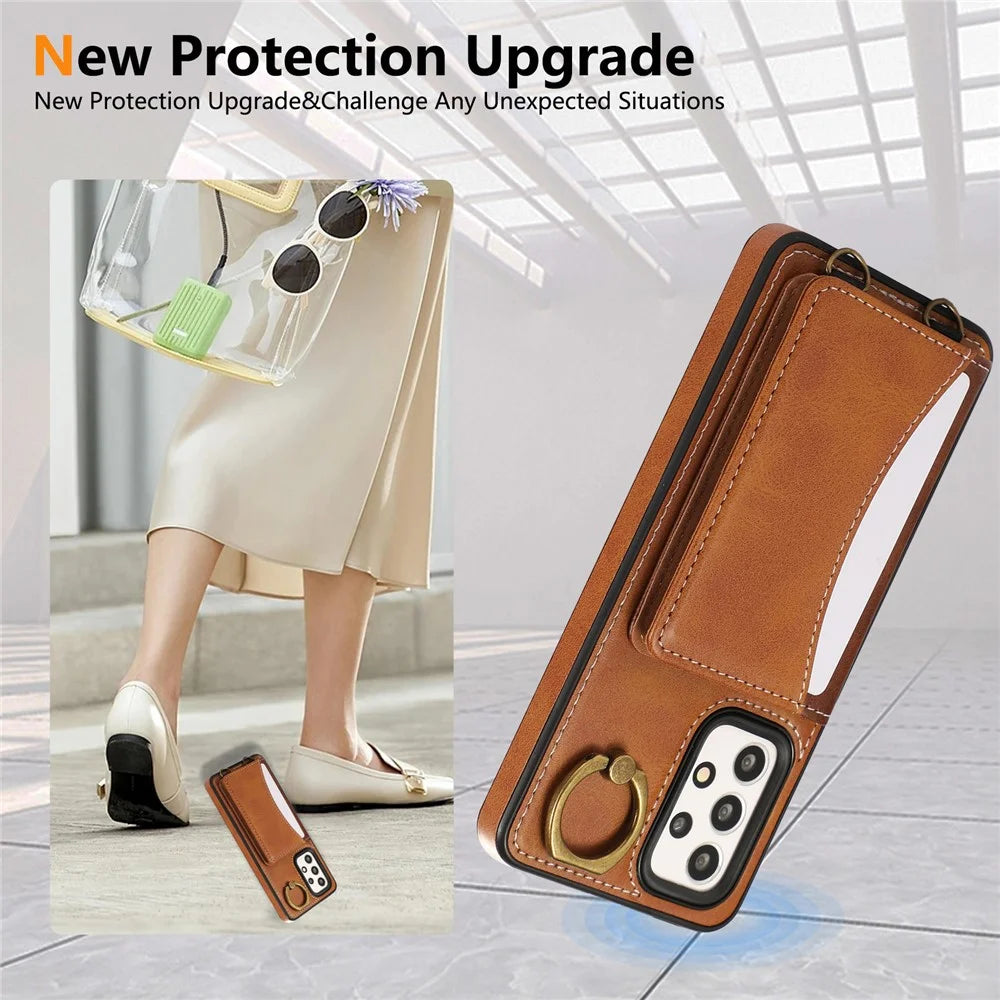 For Samsung Galaxy A53 5G PU Leather Back Case Card Holder Kickstand Phone Cover with Wrist Strap  - Brown - 5