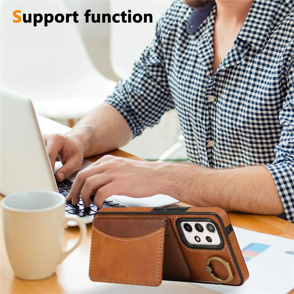 For Samsung Galaxy A53 5G PU Leather Back Case Card Holder Kickstand Phone Cover with Wrist Strap  - Brown - 6