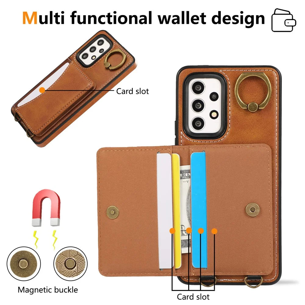 For Samsung Galaxy A53 5G PU Leather Back Case Card Holder Kickstand Phone Cover with Wrist Strap  - Brown - 7