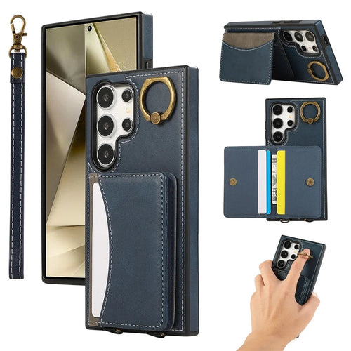 For Samsung Galaxy S24 Ultra PU Leather Back Case Card Holder Kickstand Phone Cover with Wrist Strap - Blue - 1