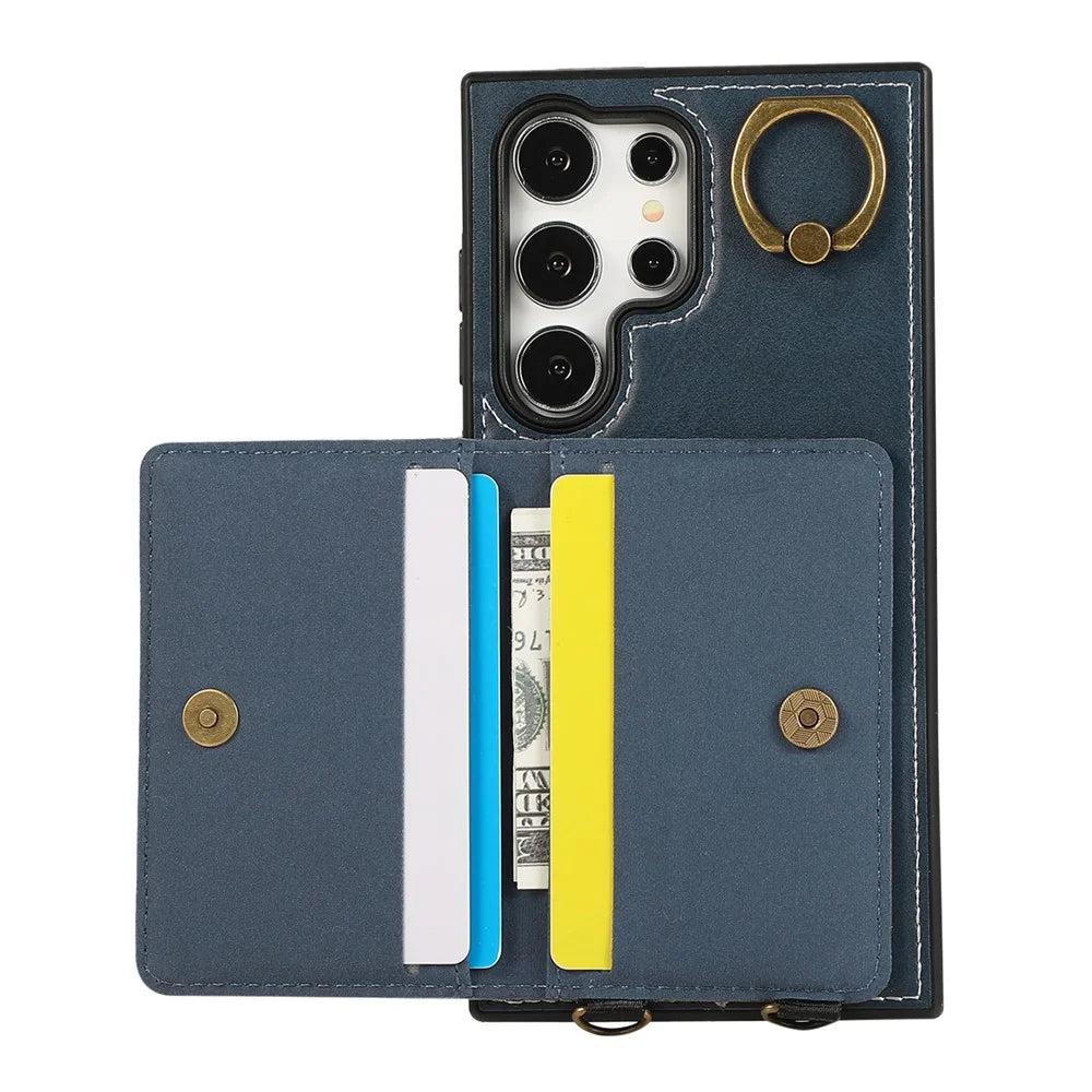 For Samsung Galaxy S24 Ultra PU Leather Back Case Card Holder Kickstand Phone Cover with Wrist Strap - Blue - 2