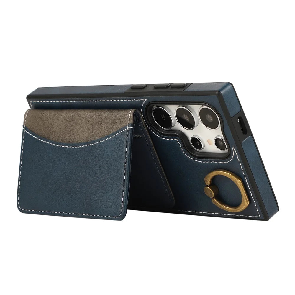 For Samsung Galaxy S24 Ultra PU Leather Back Case Card Holder Kickstand Phone Cover with Wrist Strap - Blue - 3