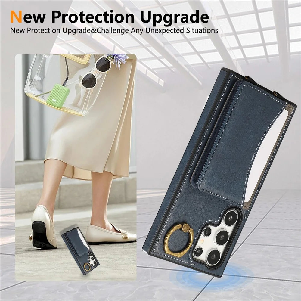 For Samsung Galaxy S24 Ultra PU Leather Back Case Card Holder Kickstand Phone Cover with Wrist Strap - Blue - 5