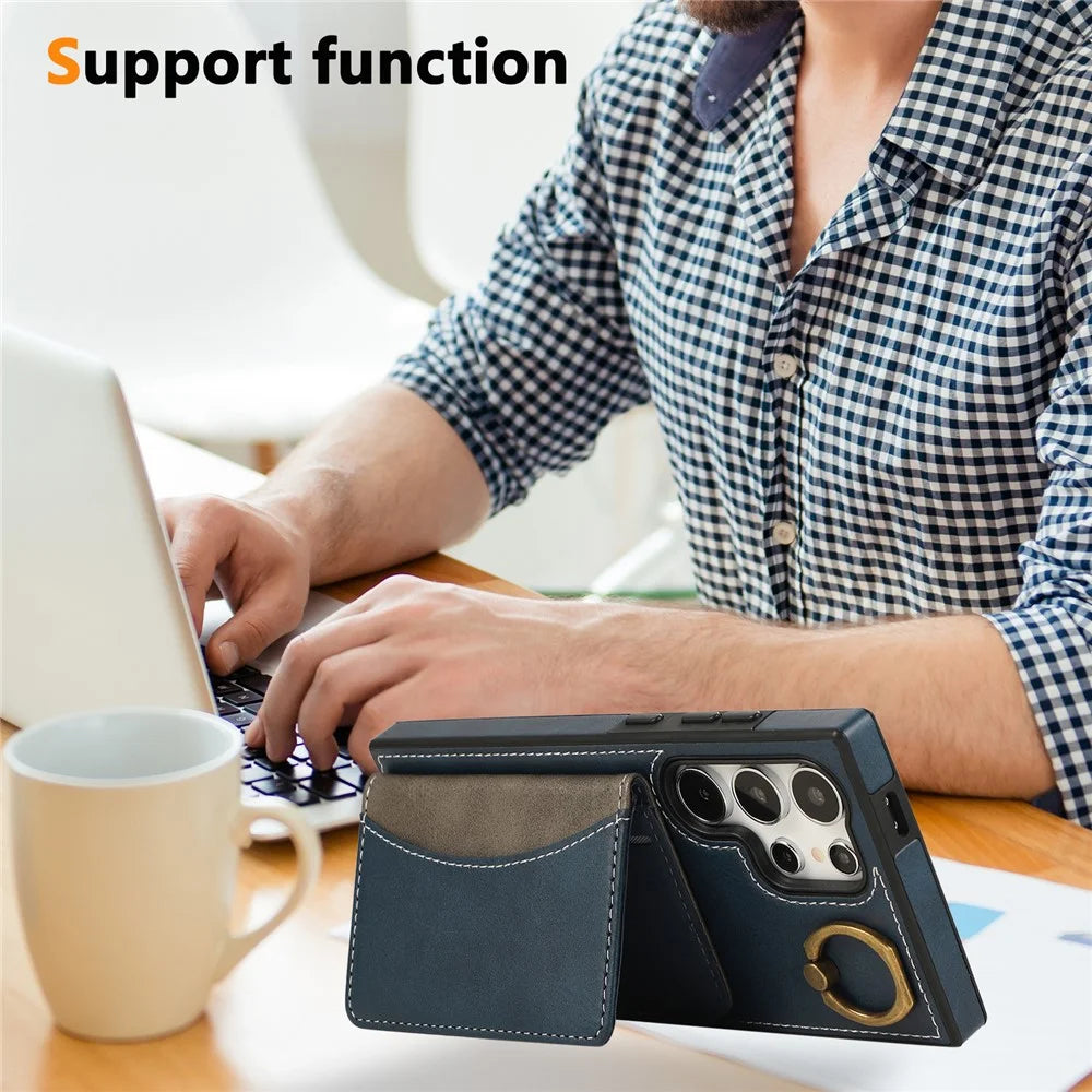 For Samsung Galaxy S24 Ultra PU Leather Back Case Card Holder Kickstand Phone Cover with Wrist Strap - Blue - 6