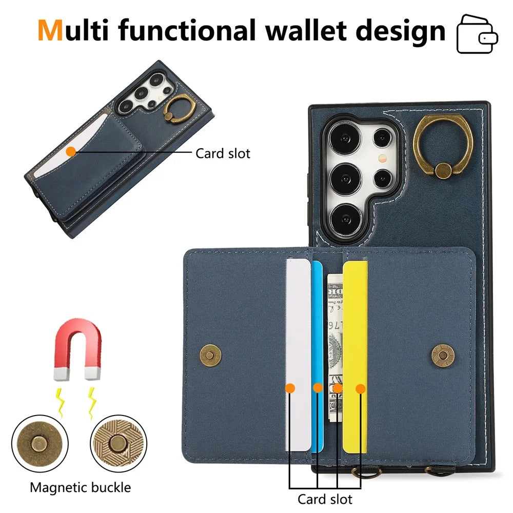 For Samsung Galaxy S24 Ultra PU Leather Back Case Card Holder Kickstand Phone Cover with Wrist Strap - Blue - 7
