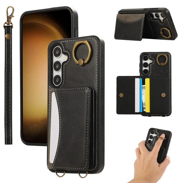 For Samsung Galaxy S24+ PU Leather Back Case Card Holder Kickstand Phone Cover with Wrist Strap - Black - 1
