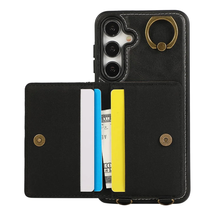 For Samsung Galaxy S24+ PU Leather Back Case Card Holder Kickstand Phone Cover with Wrist Strap - Black - 2