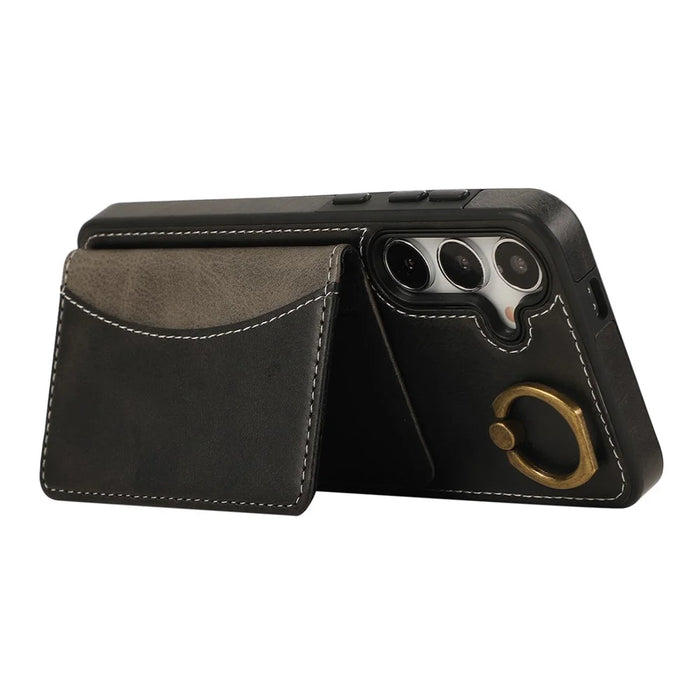 For Samsung Galaxy S24+ PU Leather Back Case Card Holder Kickstand Phone Cover with Wrist Strap - Black - 3