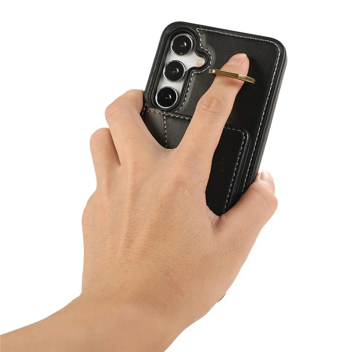 For Samsung Galaxy S24+ PU Leather Back Case Card Holder Kickstand Phone Cover with Wrist Strap - Black - 4