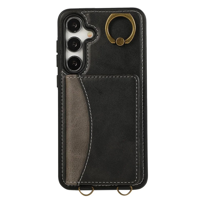 For Samsung Galaxy S24+ PU Leather Back Case Card Holder Kickstand Phone Cover with Wrist Strap - Black - 5
