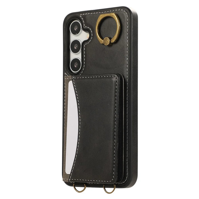 For Samsung Galaxy S24+ PU Leather Back Case Card Holder Kickstand Phone Cover with Wrist Strap - Black - 7