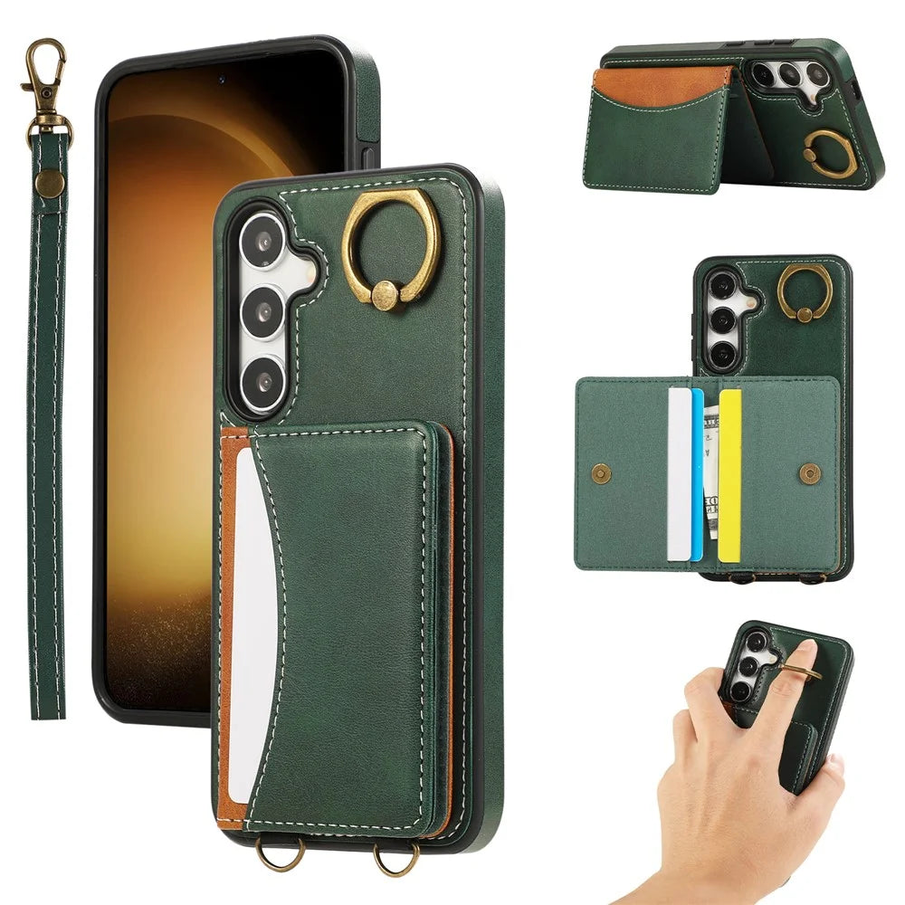 For Samsung Galaxy S24 PU Leather Back Case Card Holder Kickstand Phone Cover with Wrist Strap - Green - 1