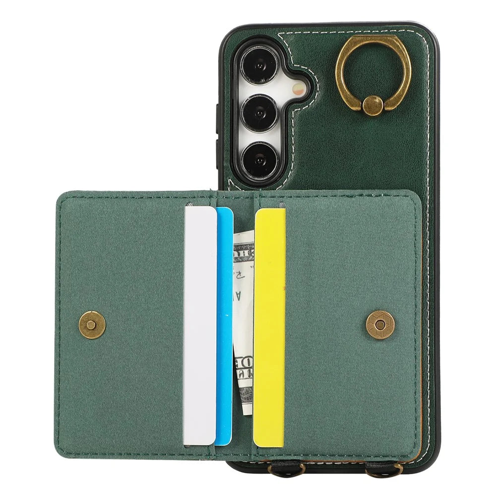 For Samsung Galaxy S24 PU Leather Back Case Card Holder Kickstand Phone Cover with Wrist Strap - Green - 2