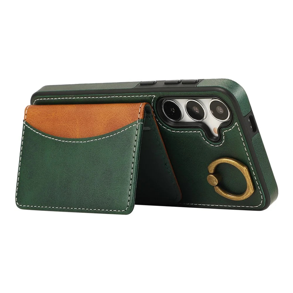 For Samsung Galaxy S24 PU Leather Back Case Card Holder Kickstand Phone Cover with Wrist Strap - Green - 3