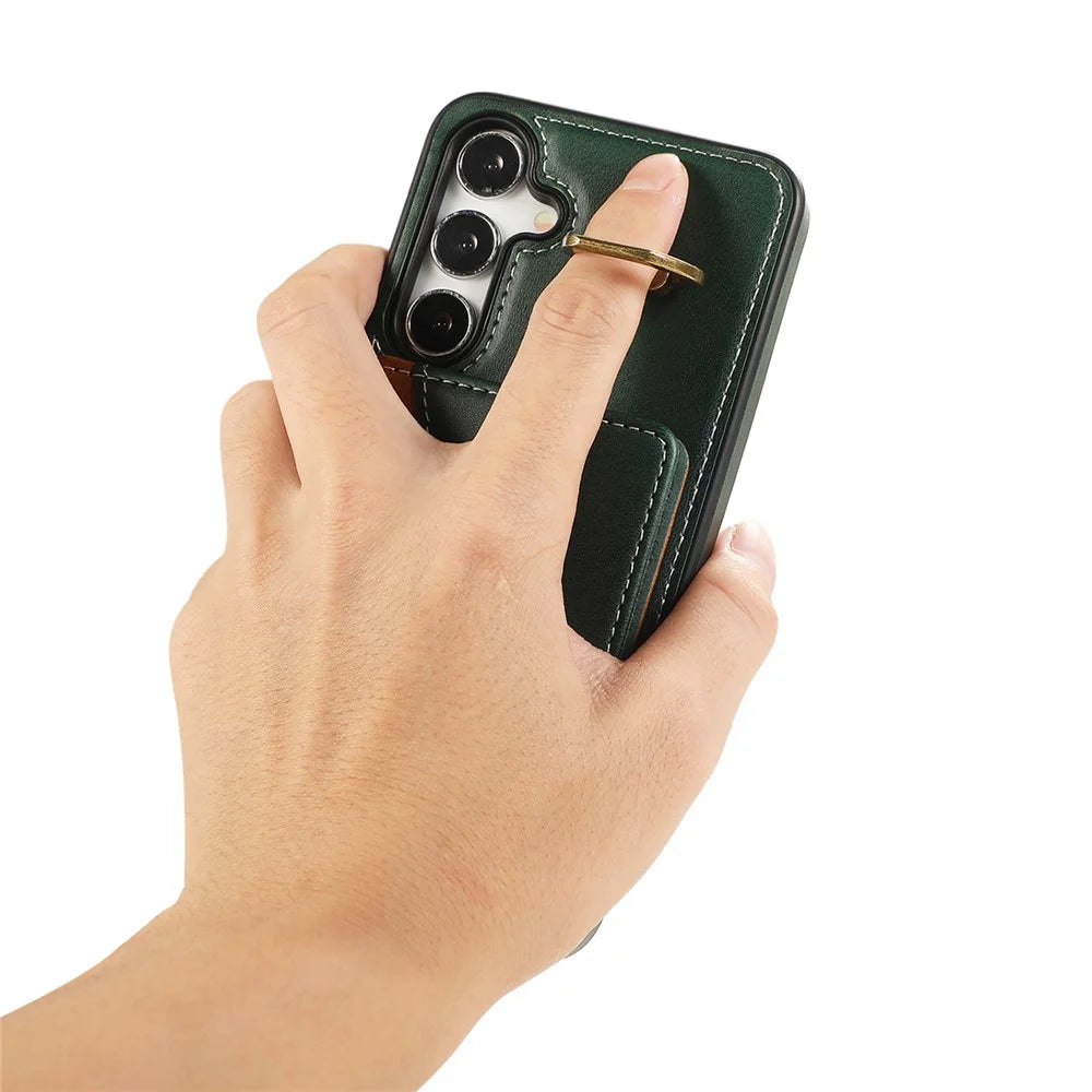 For Samsung Galaxy S24 PU Leather Back Case Card Holder Kickstand Phone Cover with Wrist Strap - Green - 4