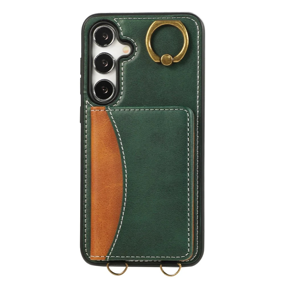 For Samsung Galaxy S24 PU Leather Back Case Card Holder Kickstand Phone Cover with Wrist Strap - Green - 5