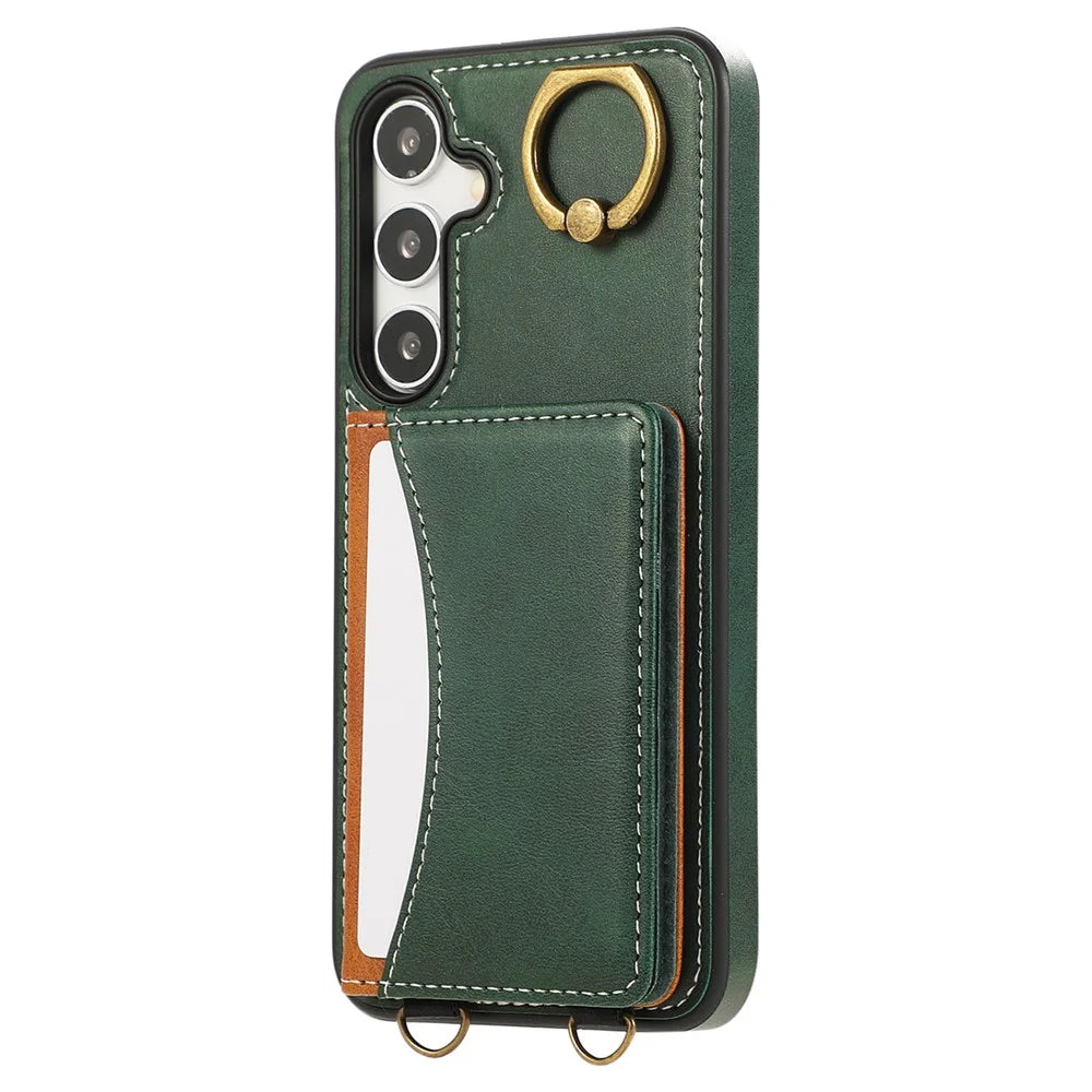 For Samsung Galaxy S24 PU Leather Back Case Card Holder Kickstand Phone Cover with Wrist Strap - Green - 7