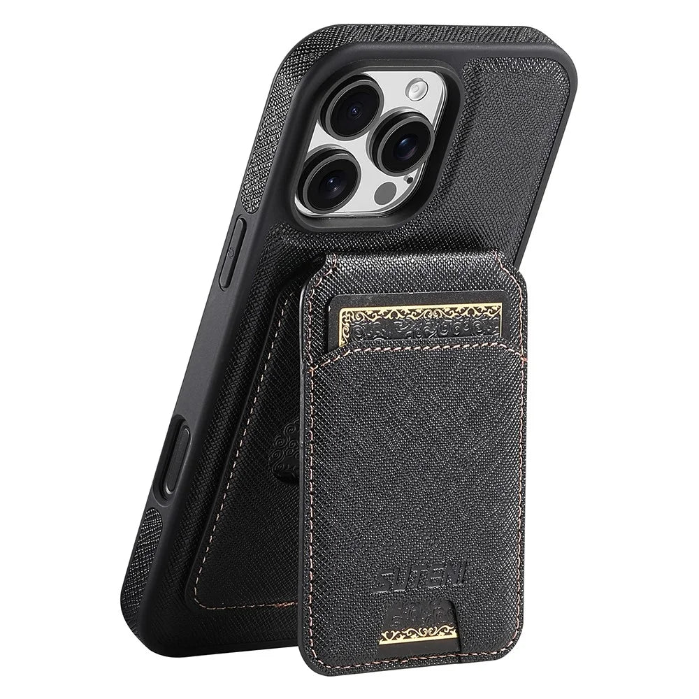 SUTENI M2 For iPhone 16 Pro Max Magnetic Case Cross Texture Leather Back Cover with Detachable Card Bag - Black - 1
