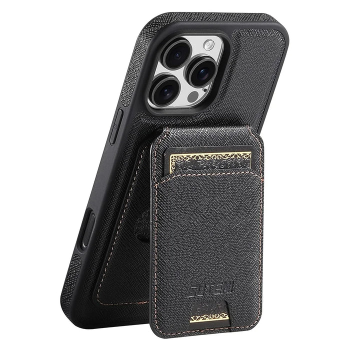 SUTENI M2 For iPhone 16 Pro Max Magnetic Case Cross Texture Leather Back Cover with Detachable Card Bag - Black - 1