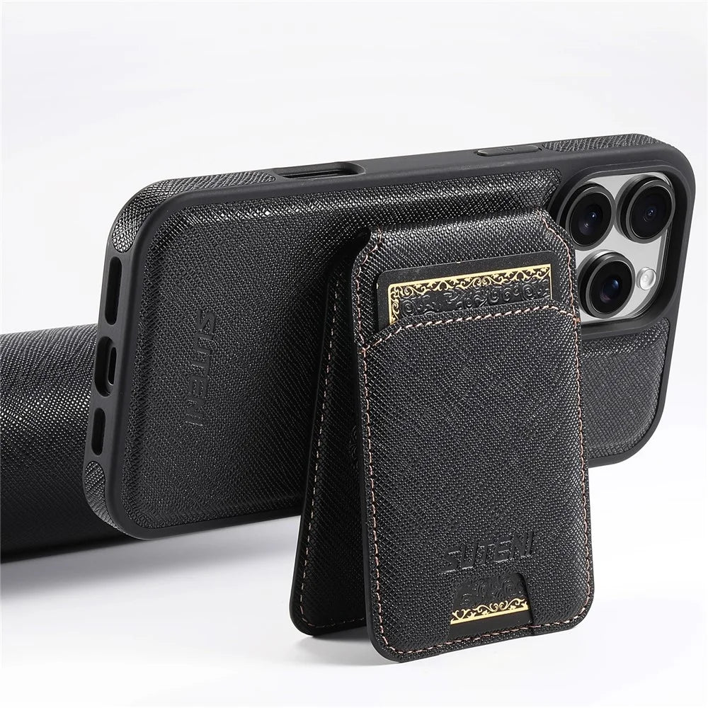 SUTENI M2 For iPhone 16 Pro Max Magnetic Case Cross Texture Leather Back Cover with Detachable Card Bag - Black - 5