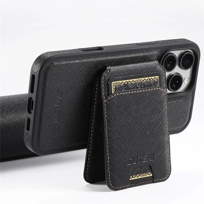 SUTENI M2 For iPhone 16 Pro Max Magnetic Case Cross Texture Leather Back Cover with Detachable Card Bag - Black - 5