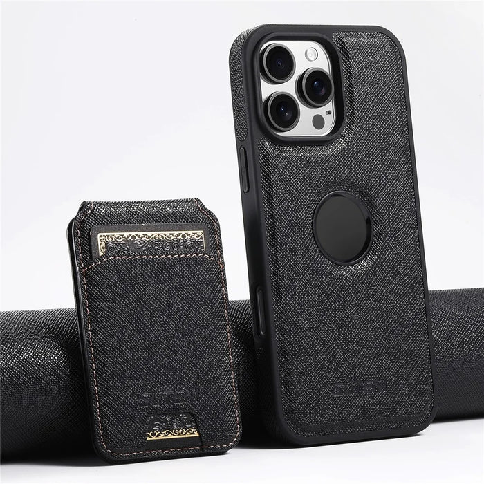 SUTENI M2 For iPhone 16 Pro Max Magnetic Case Cross Texture Leather Back Cover with Detachable Card Bag - Black - 6