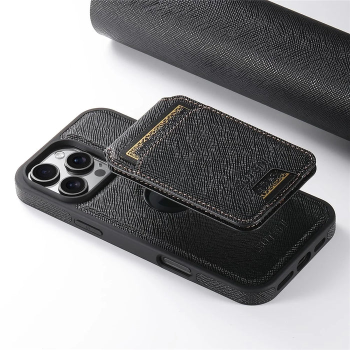 SUTENI M2 For iPhone 16 Pro Max Magnetic Case Cross Texture Leather Back Cover with Detachable Card Bag - Black - 7