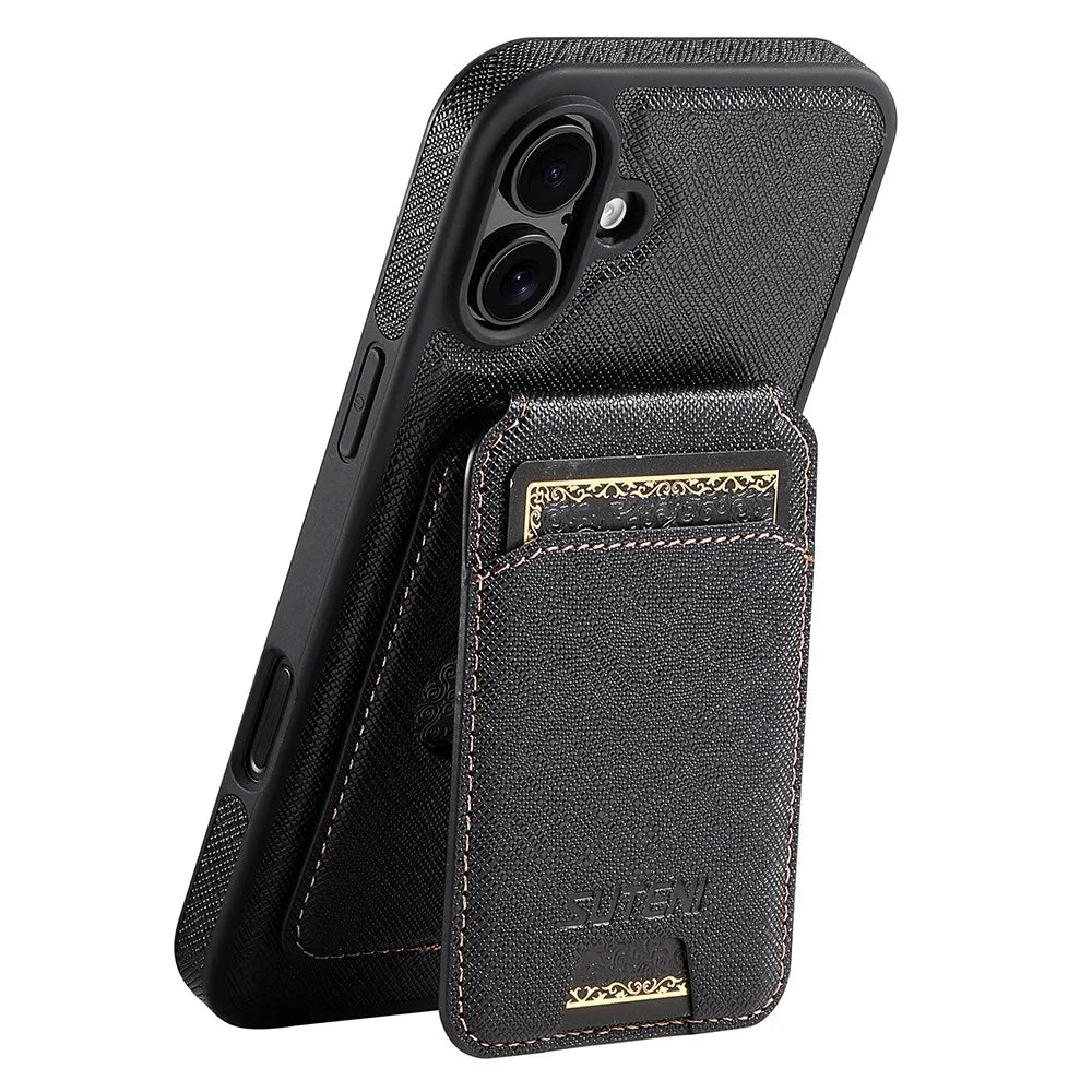 SUTENI M2 For iPhone 16 Magnetic Case Cross Texture Leather Back Cover with Detachable Card Bag - Black - 1