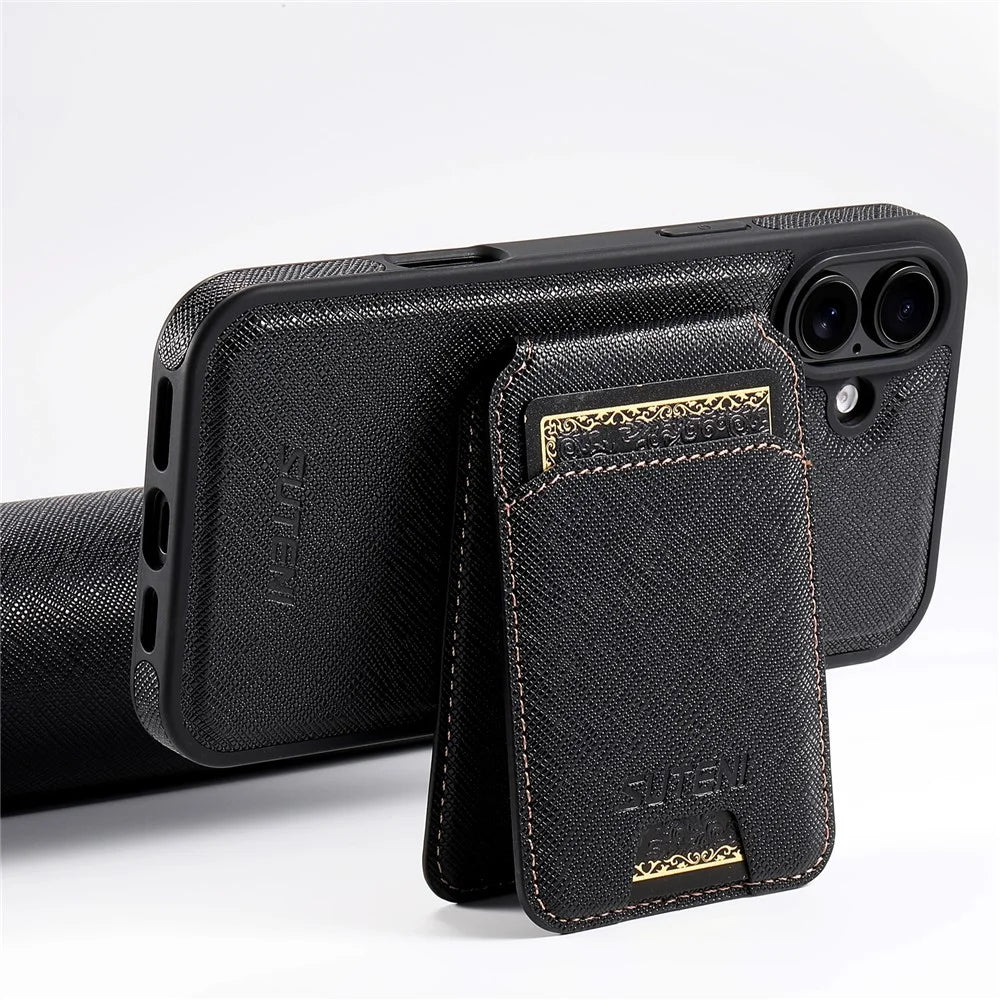 SUTENI M2 For iPhone 16 Magnetic Case Cross Texture Leather Back Cover with Detachable Card Bag - Black - 7