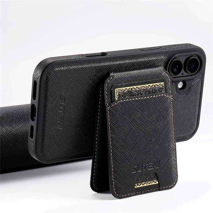 SUTENI M2 For iPhone 16 Magnetic Case Cross Texture Leather Back Cover with Detachable Card Bag - Black - 7