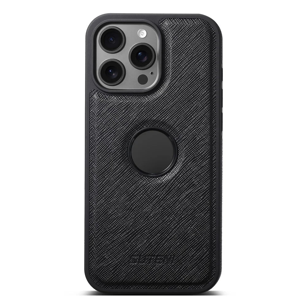SUTENI M2 For iPhone 16 Pro Magnetic Case Cross Texture Leather Back Cover with Detachable Card Bag - Black - 2