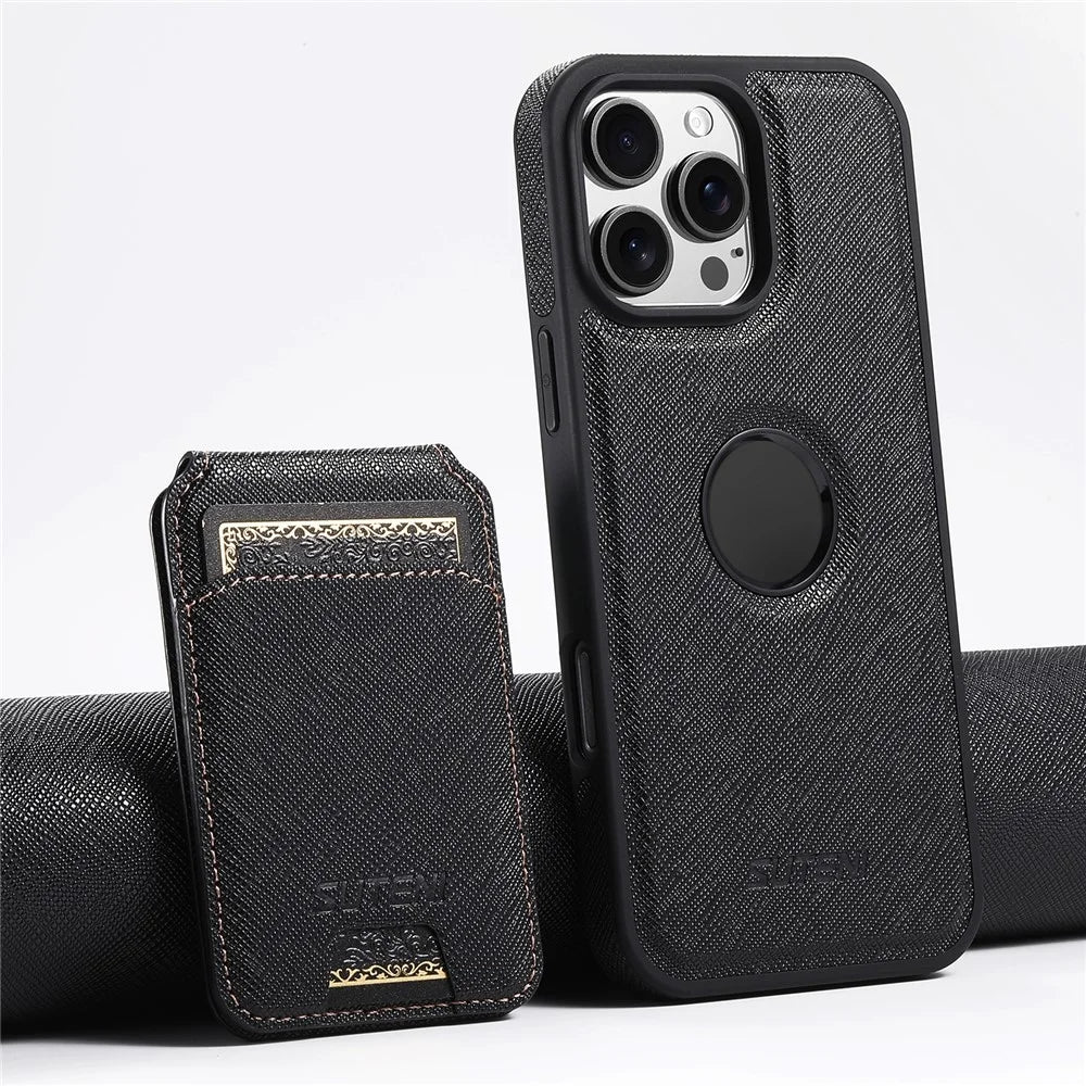 SUTENI M2 For iPhone 16 Pro Magnetic Case Cross Texture Leather Back Cover with Detachable Card Bag - Black - 6