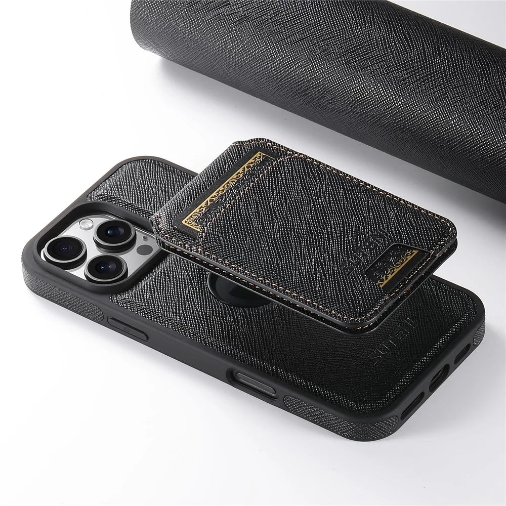 SUTENI M2 For iPhone 16 Pro Magnetic Case Cross Texture Leather Back Cover with Detachable Card Bag - Black - 7