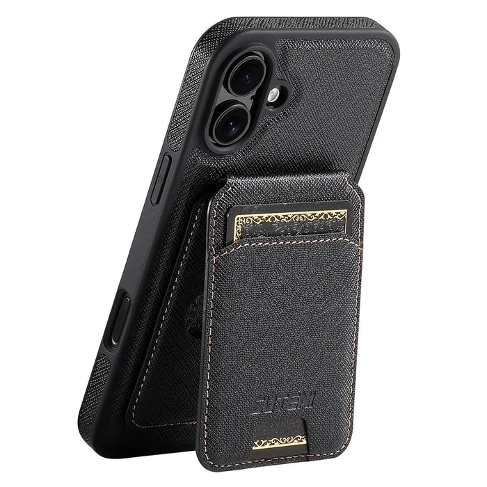 SUTENI M2 For iPhone 16 Plus Magnetic Case Cross Texture Leather Back Cover with Detachable Card Bag - Black - 1