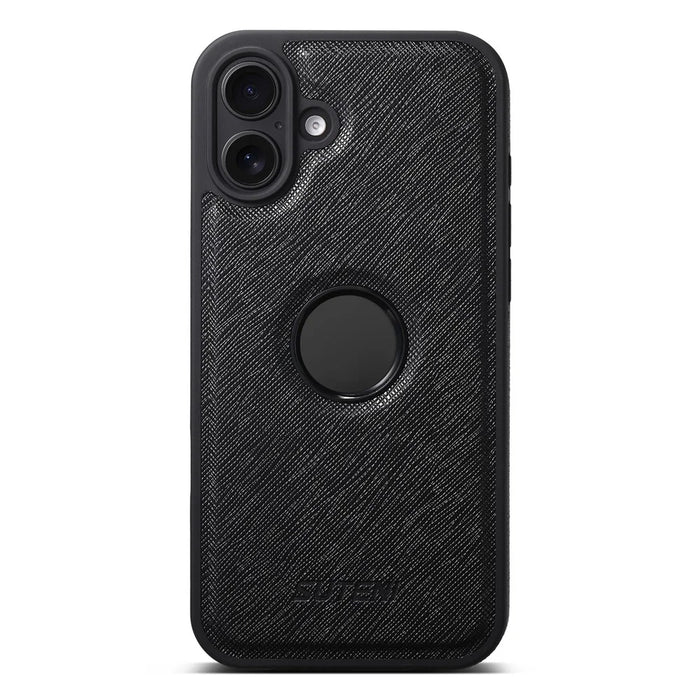 SUTENI M2 For iPhone 16 Plus Magnetic Case Cross Texture Leather Back Cover with Detachable Card Bag - Black - 2