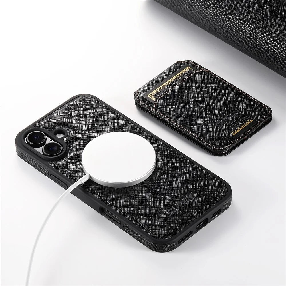 SUTENI M2 For iPhone 16 Plus Magnetic Case Cross Texture Leather Back Cover with Detachable Card Bag - Black - 5