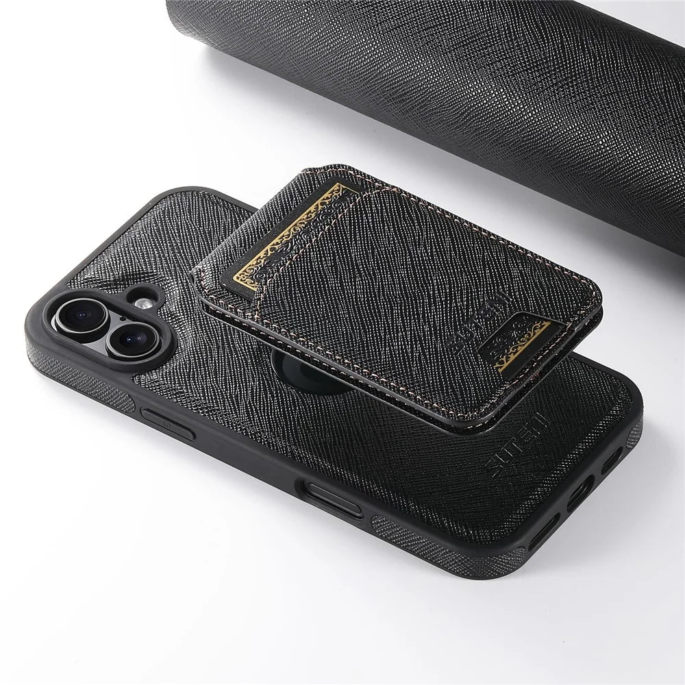 SUTENI M2 For iPhone 16 Plus Magnetic Case Cross Texture Leather Back Cover with Detachable Card Bag - Black - 6