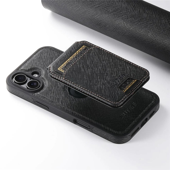 SUTENI M2 For iPhone 16 Plus Magnetic Case Cross Texture Leather Back Cover with Detachable Card Bag - Black - 6