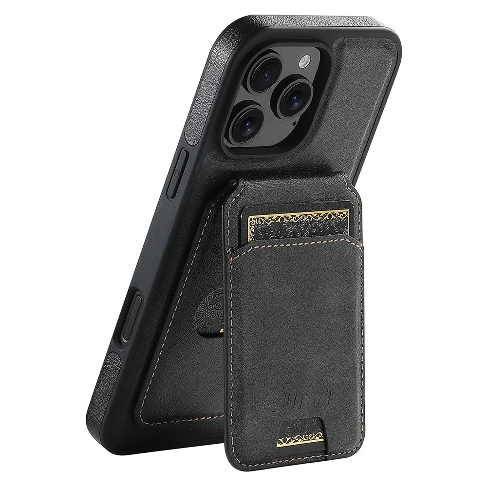 SUTENI M2 For iPhone 16 Pro Magnetic Phone Case Waxy Texture Leather+TPU Cover with Card Bag - Black - 1
