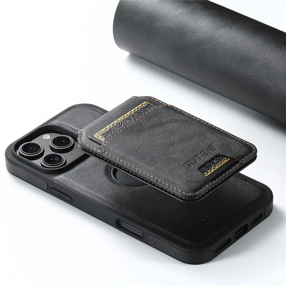 SUTENI M2 For iPhone 16 Pro Magnetic Phone Case Waxy Texture Leather+TPU Cover with Card Bag - Black - 4