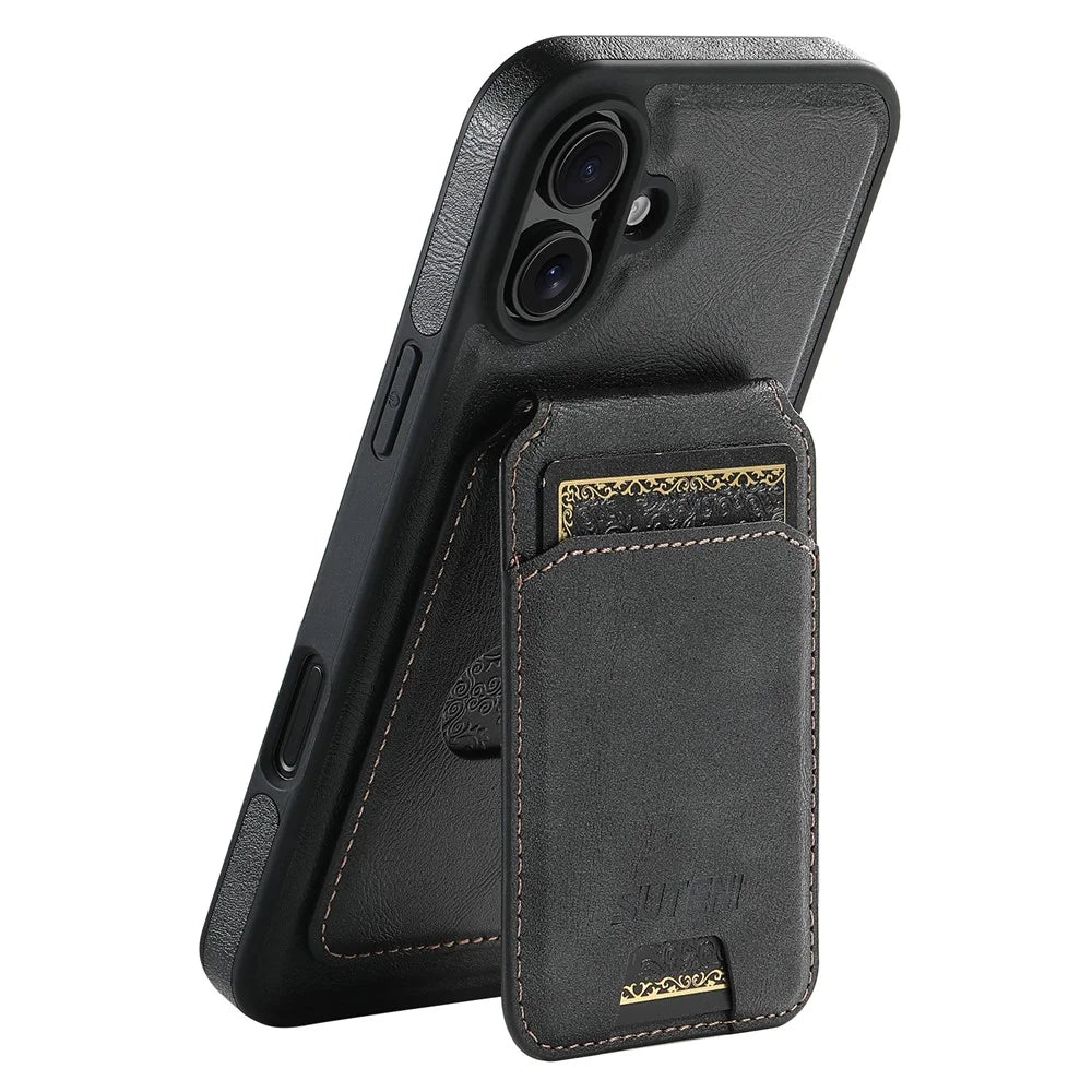 SUTENI M2 For iPhone 16 Plus Magnetic Phone Case Waxy Texture Leather+TPU Cover with Card Bag - Black - 1