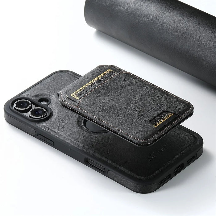 SUTENI M2 For iPhone 16 Plus Magnetic Phone Case Waxy Texture Leather+TPU Cover with Card Bag - Black - 3