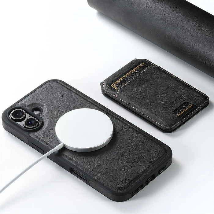 SUTENI M2 For iPhone 16 Plus Magnetic Phone Case Waxy Texture Leather+TPU Cover with Card Bag - Black - 4