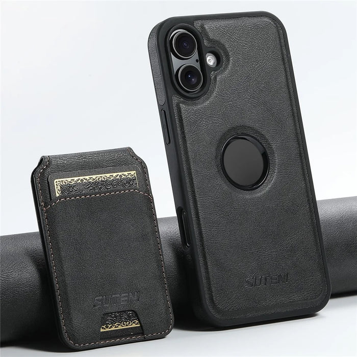 SUTENI M2 For iPhone 16 Plus Magnetic Phone Case Waxy Texture Leather+TPU Cover with Card Bag - Black - 5