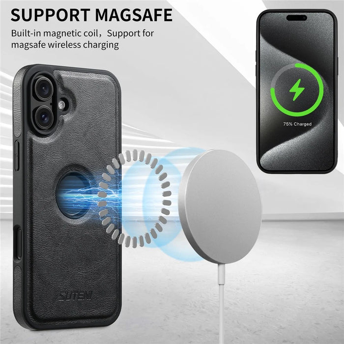 SUTENI M2 For iPhone 16 Plus Magnetic Phone Case Waxy Texture Leather+TPU Cover with Card Bag - Black - 7